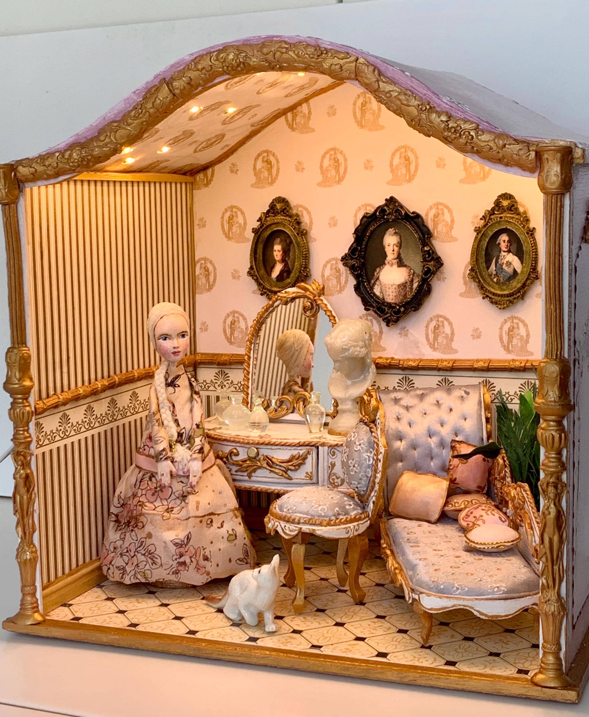 Handmade Rococo French Room Box with Vanity, Chair, Chaise Lounge & Doll - 1:12 Scale,