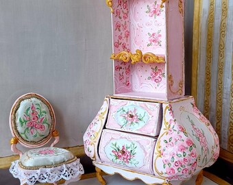 Rococo miniature. Chest of drawers in 1:12 scale. Hand made of wood.Miniature handmade furniture.