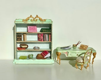 Exquisite 1:12 Scale Rococo Bookcase Desk Set with Elegant Armchair