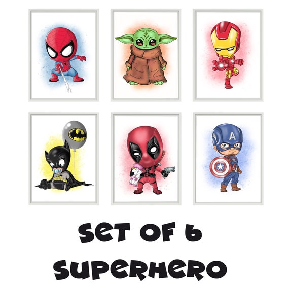 Set of 6 Lego Superhero Wall Art Posters, Set of 6 Superhero Posters