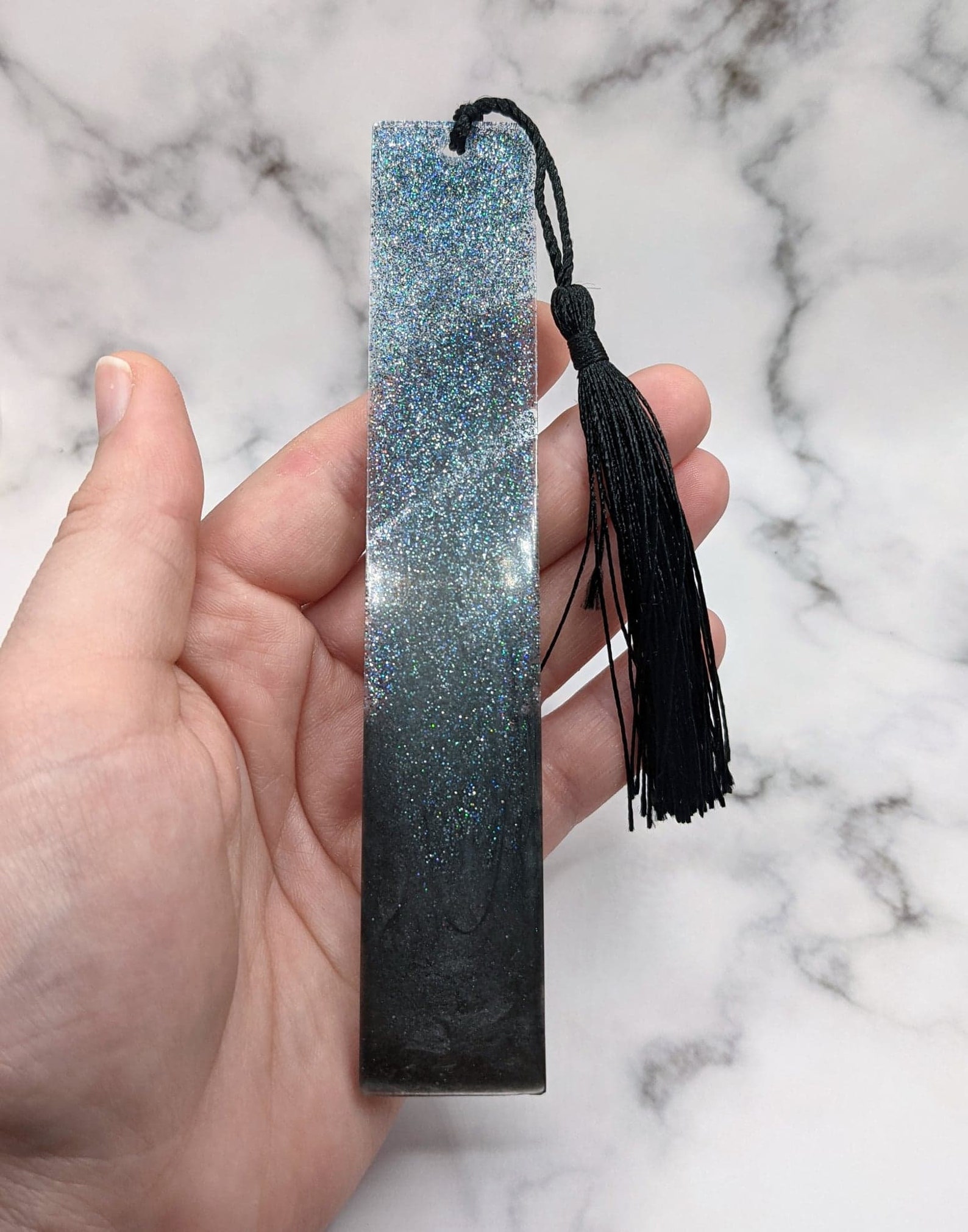 Black resin and transparent holographic sequin bookmark / Etsy