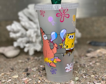 Personalized Spongebob Starbucks Cup jelly fish, seaweed, flowers