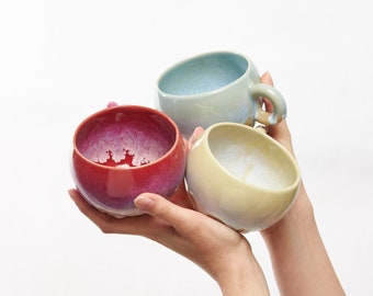 Mo X Fil Mugs, Red Blue Yellow Mugs, Christmas Mug, Tea Mug, Drippy Glaze Mug