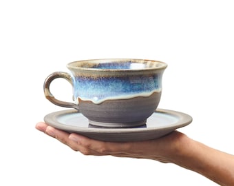 Cappuccino Pottery Mug With Saucer, Stoneware Coffee Mug, Ceramic Tea Mug