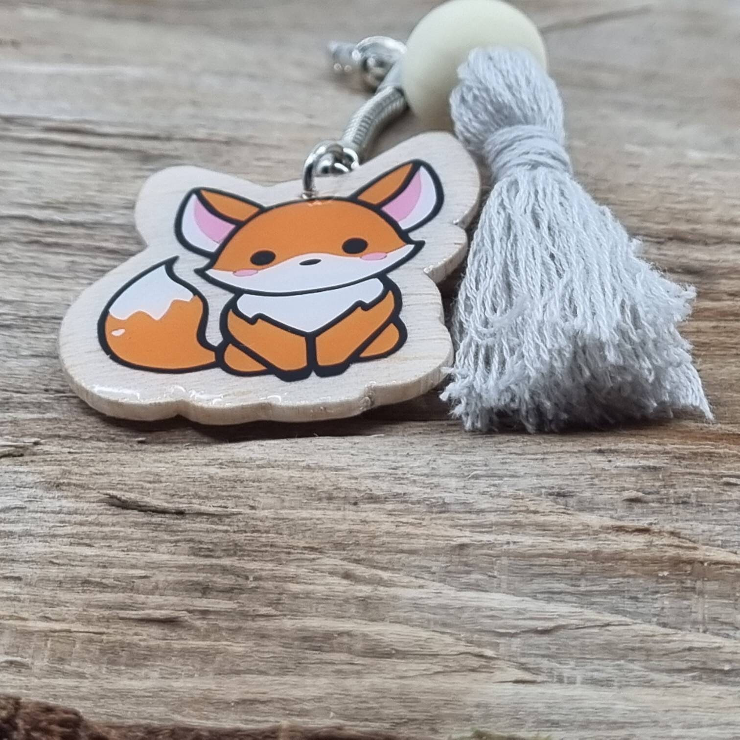 Fox wooden keychain with gray tassel and wooden bead Etsy