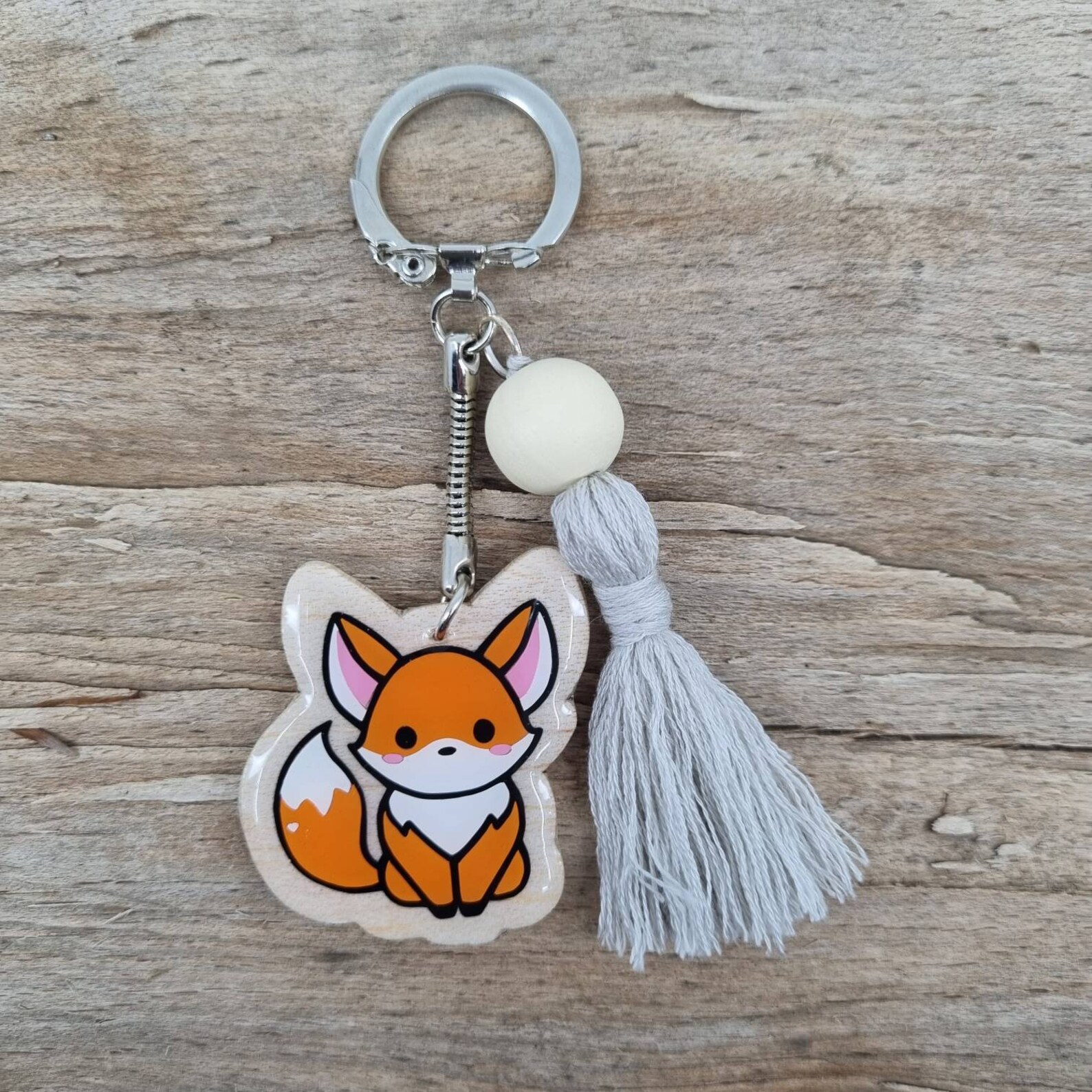 Fox wooden keychain with gray tassel and wooden bead Etsy