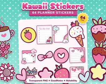 Puede incluir: Un conjunto de pegatinas digitales con 64 pegatinas para planificador con diseños Kawaii que incluyen una taza de café, fresas, helado, lazos, corazones, flores y listas de tareas. El texto dice Kawaii Stickers, 64 Planner Stickers, 64 PNG, Transparent PNG, GoodNotes, Notability.