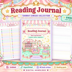 Digital Reading Journal for GoodNotes, Hyperlinked Book Journal iPad, Reading Log & Book Reviews, TBR Tracker, Kawaii Circus
