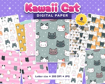 May include: A digital paper set titled Kawaii Cat featuring 8 patterns with various cat illustrations, including cat faces, paw prints, and full-body cats in colors like pink, yellow, gray, and white. The files are letter size, 300 DPI, JPG.