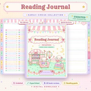 Digital Reading Journal for GoodNotes, Hyperlinked Book Journal iPad, Reading Log & Book Reviews, TBR Tracker, Kawaii Circus