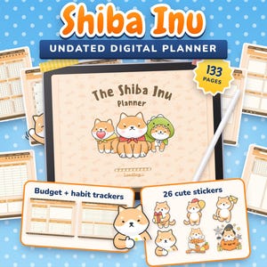 Pode incluir: Um planejador digital intitulado The Shiba Inu Planner com 133 páginas, rastreadores de orçamento e hábitos, e 26 adesivos. A interface exibe três ilustrações de Shiba Inu, uma barra de carregamento e vários layouts de calendário.