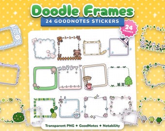 Puede incluir: Un conjunto de pegatinas digitales titulado Doodle Frames 24 Goodnotes Stickers que presenta varios marcos cuadrados y rectangulares con ilustraciones de osos, plantas, flores y textos como Happy y Rest sobre un fondo amarillo de lunares.