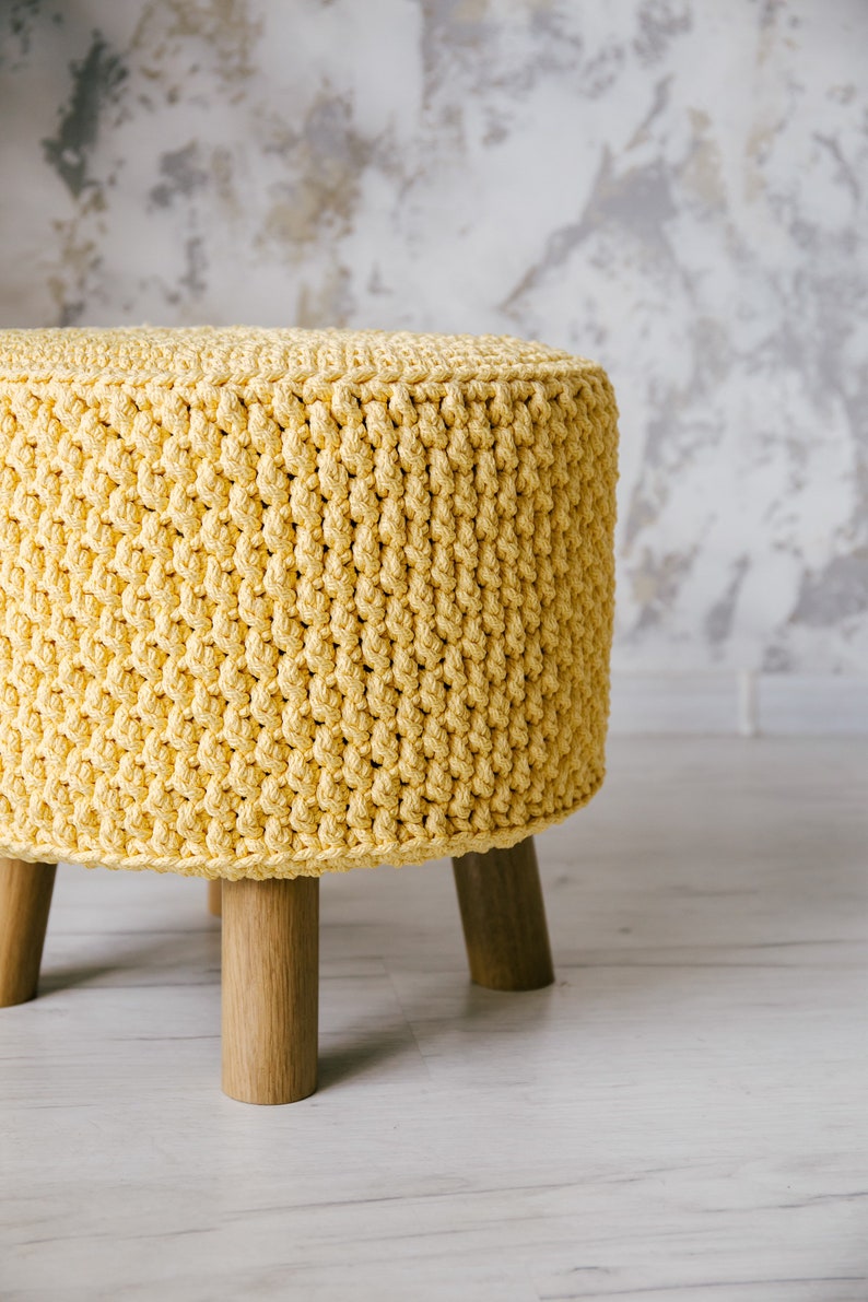 Yellow Crochet Pouf on Legs. Ottoman Pouf. Round Stool. Home Etsy