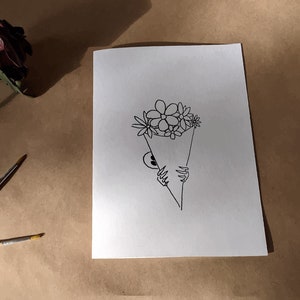 AFDRUKBARE kaart, Klein Monster, verjaardag, Bruiloft, verjaardag, Liefdeskaart, Skelet, bloemen, boeket, handgetekende kunst, moeder