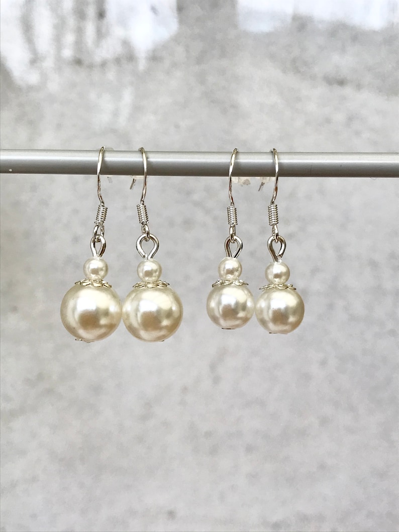 Silver Earrings With Ivory-Colored Pearl Beads