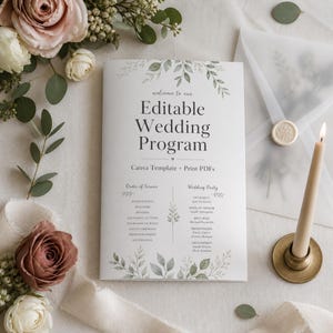 May include: A white wedding program template featuring green botanical illustrations, the text "Welcome to our Editable Wedding Program," "Canva Template + Print-PDFs," "Order of Service," and "Wedding Party" with listed names and roles.