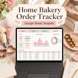 Puede incluir: Una tableta digital que muestra una plantilla de Google Sheets para el seguimiento de pedidos de panadería con pestañas para pedidos, menú, pagos y panel de control. La pantalla muestra un resumen de los pedidos totales y los ingresos.