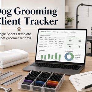 May include: A digital Dog Grooming Client Tracker Google Sheets template displayed on a laptop screen, accompanied by a stack of white towels, metal grooming combs, a clear organizer with colored clipper guards, and an appointment notepad.