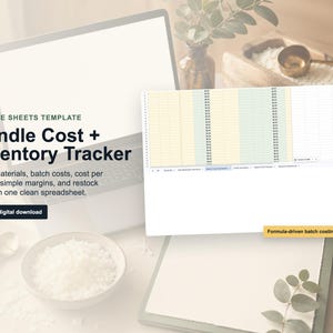 May include: A Google Sheets template for a Candle Cost and Inventory Tracker displayed on a laptop screen. The interface features columns for tracking materials, batch costs, and margins. Text includes 'Candle Cost + Inventory Tracker' and 'Formula-driven batch costing'.