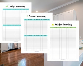 May include: Three printable kitchen inventory lists. The first list is for the fridge, the second for the freezer, and the third for the kitchen. Each list has a green and blue colour scheme and includes columns for date, item, quantity, and notes.