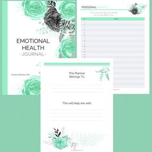 May include: A printable journal with a green floral design and the title "Emotional Health - Journal -"  The journal includes a section for personal rights with a list of 25 numbered lines for writing.