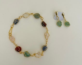 Handmade Crystal Healing Bracelet and Earrings Set, Gold Mild Steel