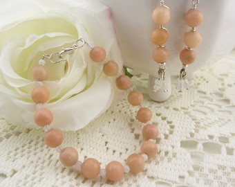 Conjunto de pulsera y pendientes con piedras preciosas de aventurina rosa natural