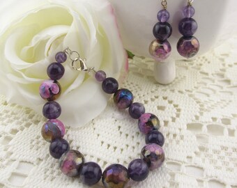 Conjunto de pulsera y pendientes con piedras preciosas de ágata violeta y amatista