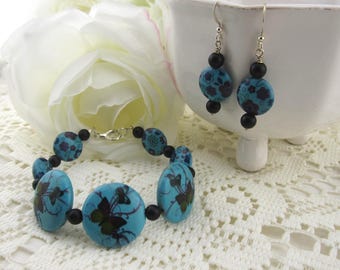 Butterflies & Daisies Obsidian Beaded Bracelet Earring Set
