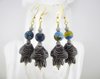 Ceramic Fish with Ocean Fire Agate or Imperial Jasper Gemstone Earrings