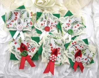 Christmas Ribbon and Lace Cluster Snippets with Assorted Ribbons and Buttons (6 Pieces Per Order)