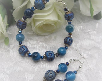 Blue Striped Banded Agate Gemstone with Ceramic Blue Beads, Bracelet and Earring Set