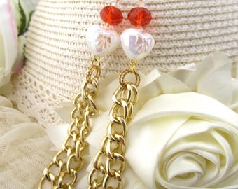 Pendientes de corazón con cristales rojos y cadena