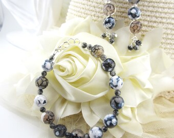 Black & White Gemstone Dragon's Vein Fire Agate Bracelet and Earring Set.