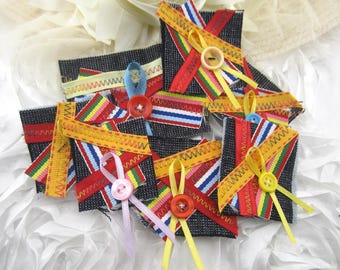 Blue Jean Cluster Snippets with Multi-Color Ribbons and Buttons (6 Pieces Per Order)