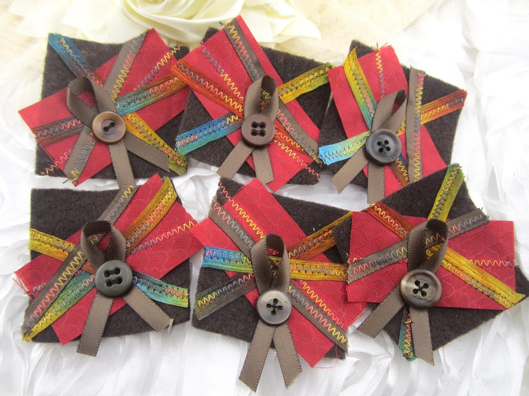 Cluster Ribbons Fabric Cluster Snippets: Brown, Red Ribbons & Buttons (6 Pieces) - Etsy