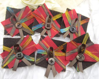 Fabric Cluster Snippets: Brown, Red Ribbons & Buttons (6 Pieces)