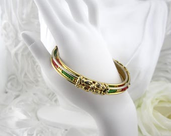 Vintage Art Deco Style Red, Green, and Gold Beaded Festive Bangle