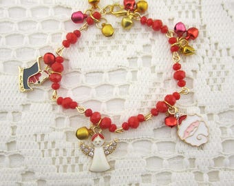 Red Christmas Bells and Charms Wired Bracelet