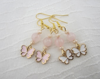 Rose Quartz Gemstone with Butterfly Charm Earrings