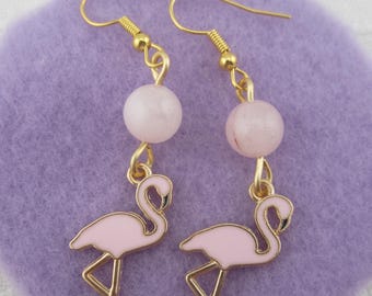Pink Flamingo Charm with Rose Quartz Gemstone Bead Earrings