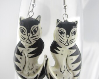 Painted Black & White Cat Wood Earrings