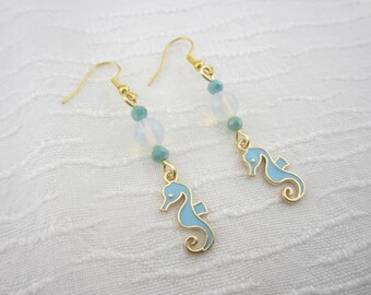 Blue Seahorse with Synthetic Opalite Gemstone Earrings