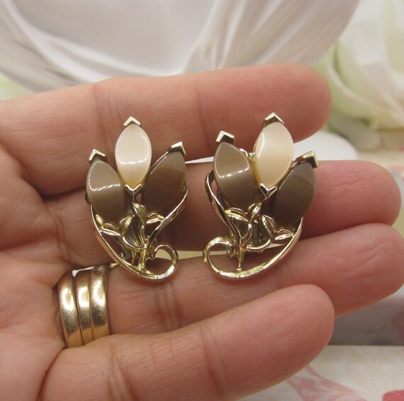 Vintage Brown & Beige Thermoset Clip Earrings - image 1