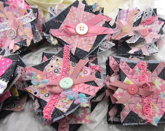 Blue Jeans Denim Cluster Snippets with Pink Fabric and Assorted Ribbons & Buttons (6 Pieces Per Order)