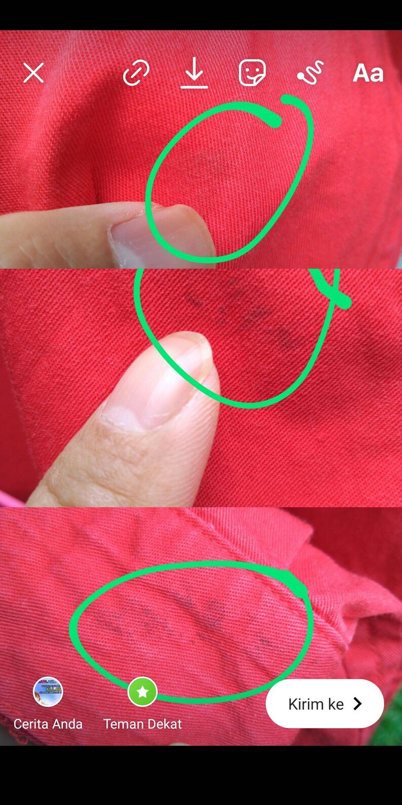 K&ouml;nnte beinhalten: Nahaufnahme eines roten Stoffes mit drei kreisf&ouml;rmigen Flecken. Die Flecken sind gr&uuml;n umkreist.