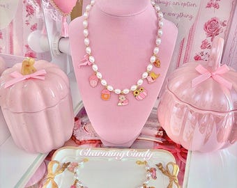 Pink pumpkin patch pearl charm necklace & bracelet.