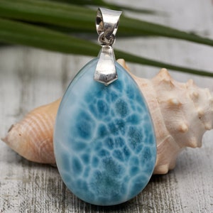 Natural AAA Larimar Teardrop Pendant Necklace – Handmade Silver Larimar Jewelry, Unique Blue Gemstone Gift for Her