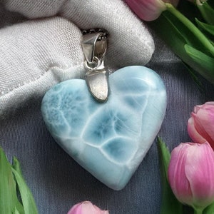 Larimar Heart Pendant Necklace, Unique Sterling Silver Jewelry, Caribbean Gemstone Pendant for Women, Heart Gift Idea, Handcrafted larimar