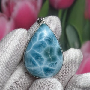 Larimar Teardrop Pendant: 925 Sterling Silver, Handmade